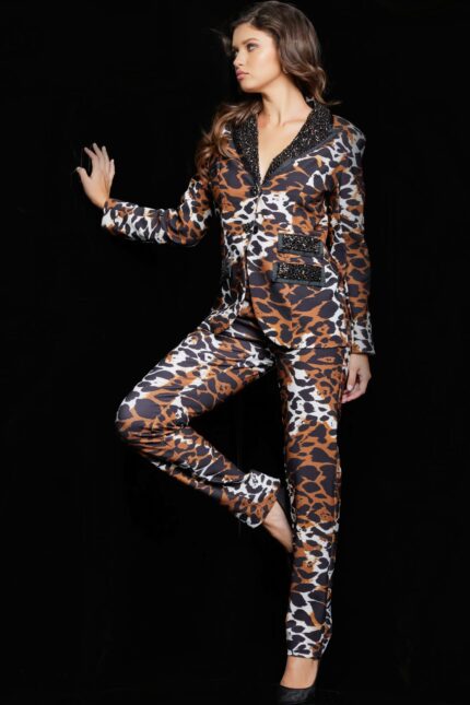 Model wearing Jovani 09680, front view, animal print outfit with sequins