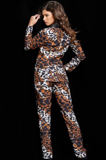 Model wearing Jovani 09680, back view, showcasing tailored fit and print details