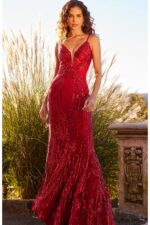 Front view of model in Jovani 09693 red gown with sequin detailing.
