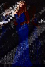 Model wearing Jovani 09693 blue gown with sequin embellishments, front view.