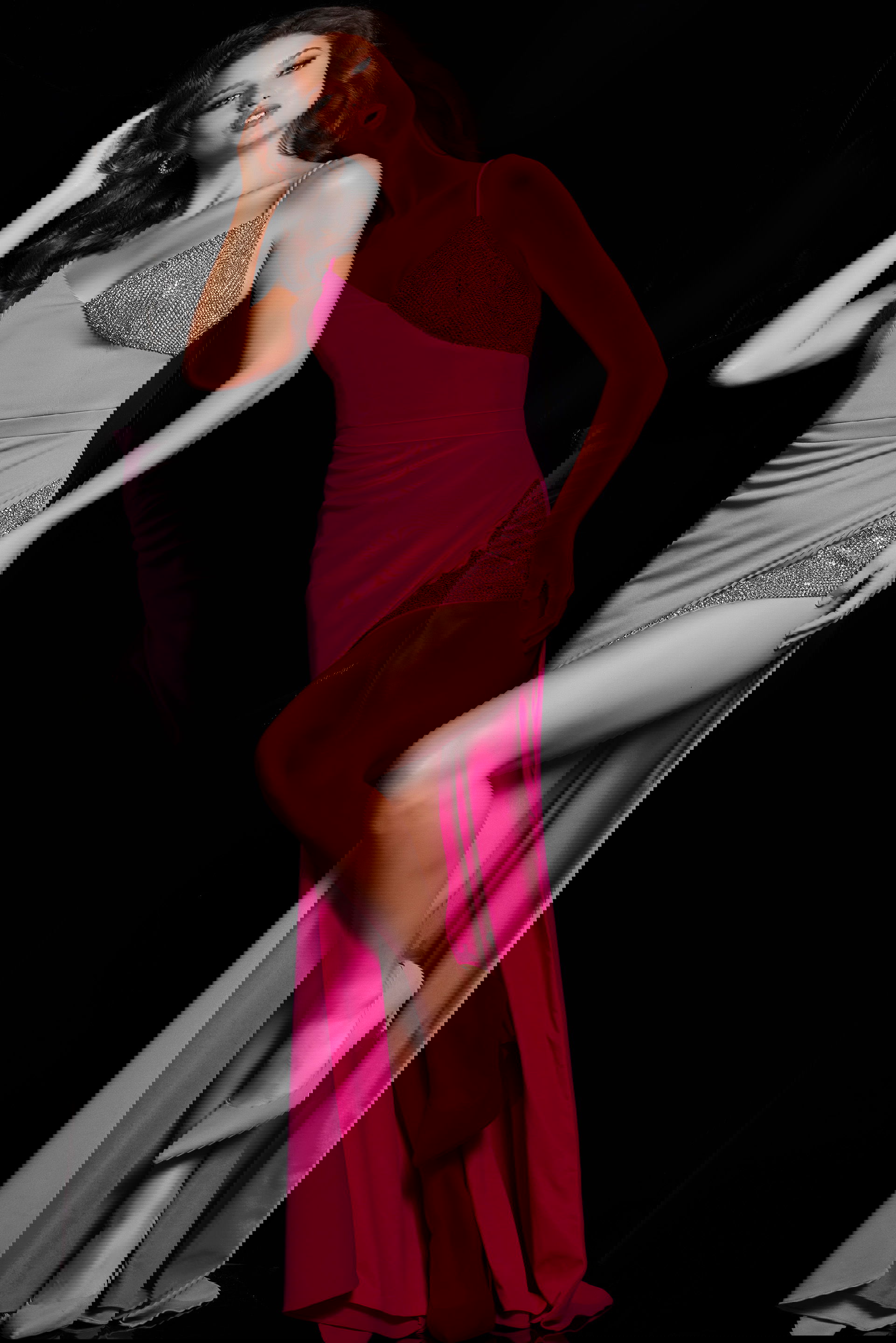 09723_2.jpg Model wearing Jovani 09723 pink gown with high slit and embellished details, front view.