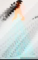 Model wearing K09765, back view showing lace-up detail of multi-colored A-line gown.