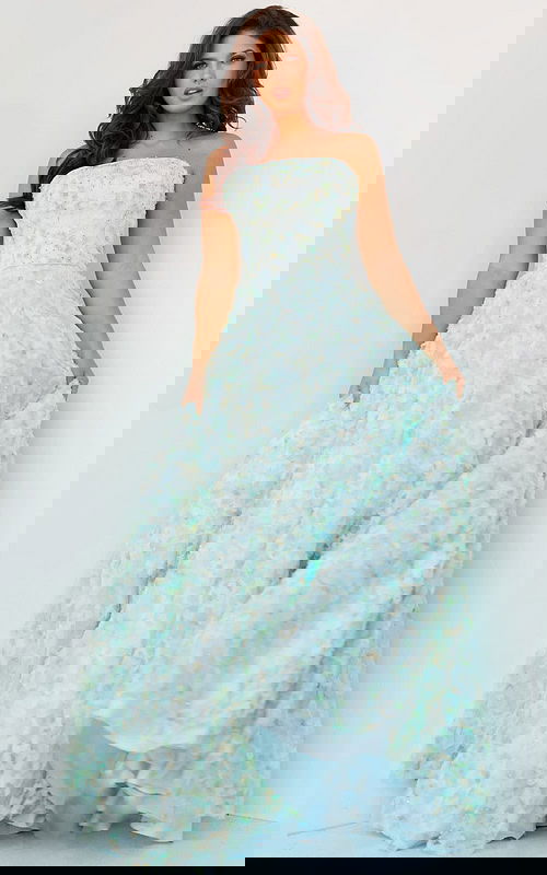 Model wearing K09765, front view of multi-colored A-line gown with strapless neckline and floral details.