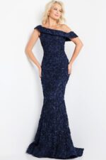 model wearing Jovani 09766 navy off-the-shoulder dress with floral appliqués, front view