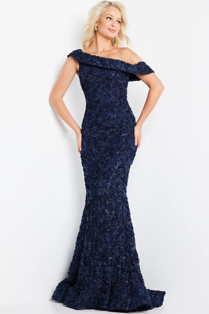 model wearing Jovani 09766 navy off-the-shoulder dress with floral appliqués, front view