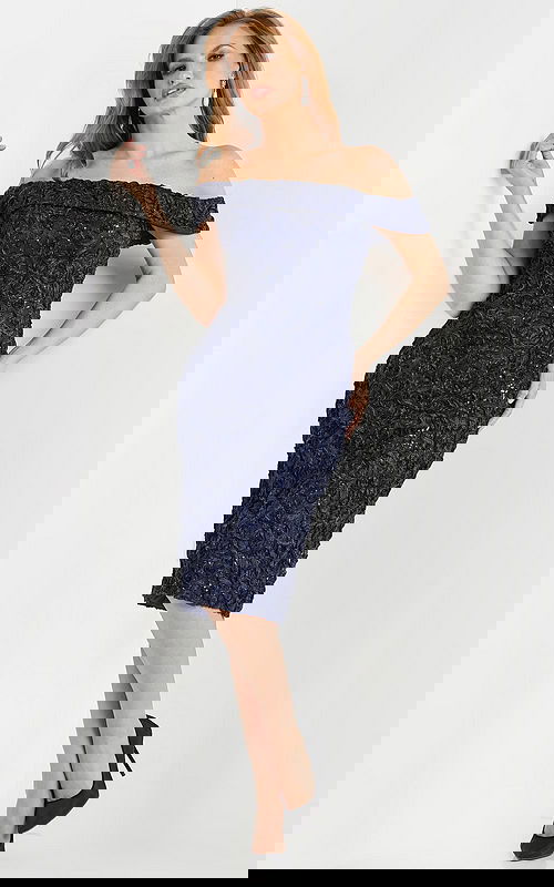 Model wearing Jovani 09767 navy off-the-shoulder knee-length dress.