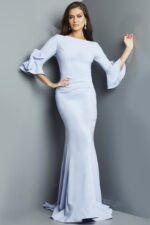 Model wearing Jovani 09776 blue dress, front view.
