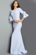 Model wearing Jovani 09776 blue dress, front view.