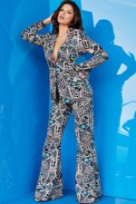 Model wearing Jovani 09816 with a vibrant pattern blazer and flared pants.