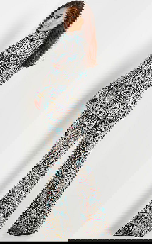 model wearing Jovani 09816 multi-colored pantsuit back view