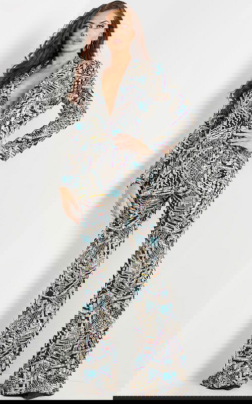 model wearing Jovani 09816 multi-colored pantsuit front view