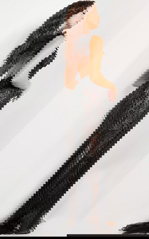 Back view of model wearing Jovani 09879 black gown with feather details.