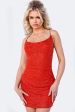 Jovani 09938 orange mini dress showcased by model