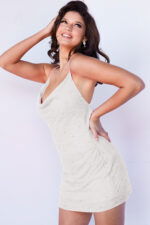 Jovani 09938 white mini dress on model, side pose