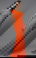 One shoulder fitted gown with draped bodice and floor length silhouette