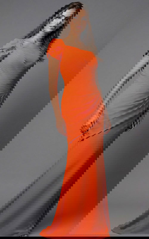 One shoulder fitted gown with draped bodice and floor length silhouette