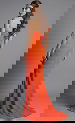 Side view of fitted one shoulder gown with smooth back and flowing hem