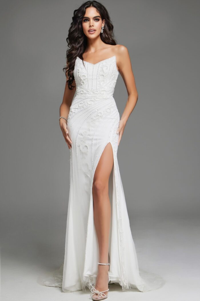Model wearing JB07050 white gown with sweetheart neckline, embroidery, and slit, front view.