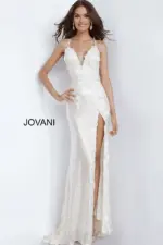 white v neck high slit dress
