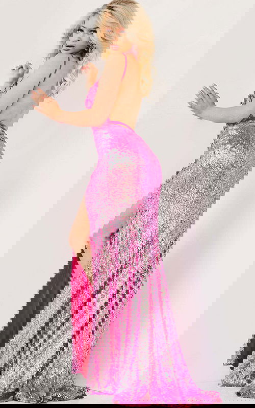 Model wearing Jovani 1012 Floral Appliques Backless Dresses