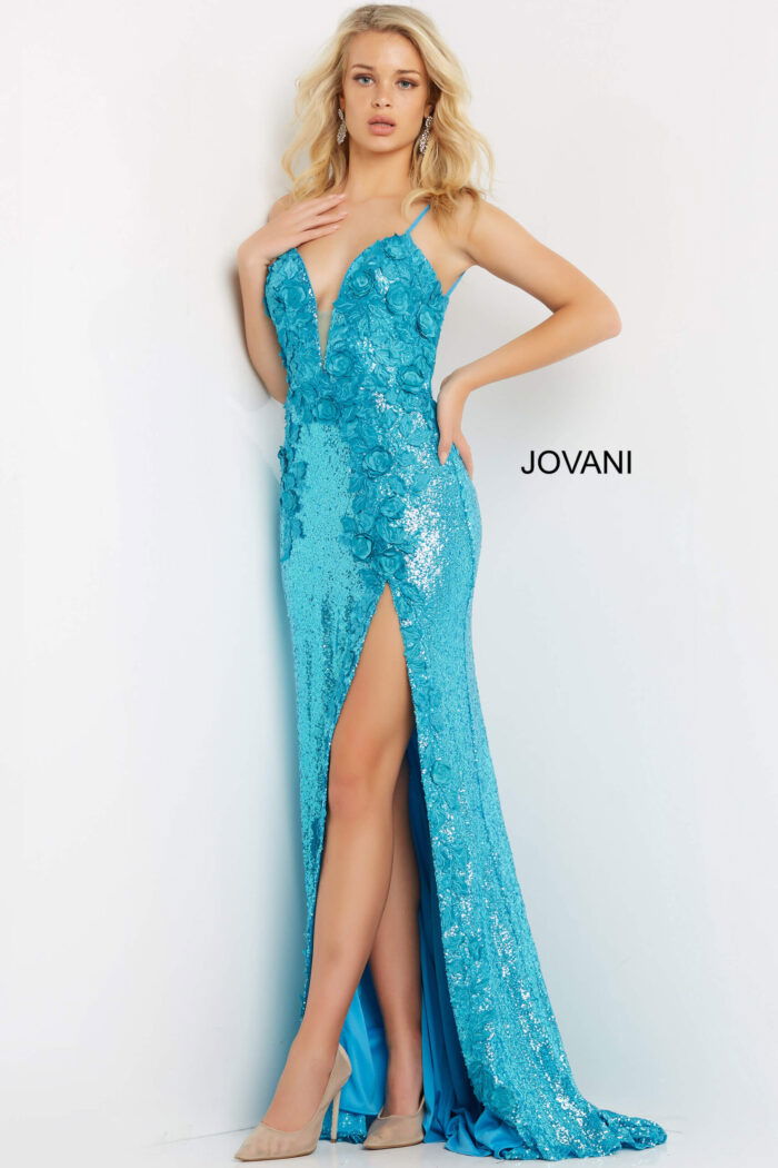 Model wearing Jovani 1012 Hot Pink High Slit Plus Size Dress