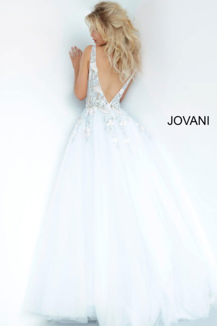 back view of model in Jovani 11092 blue gown