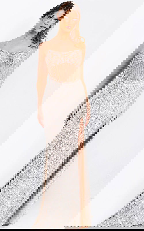 Sequin corset prom dress with lace-up back and high slit