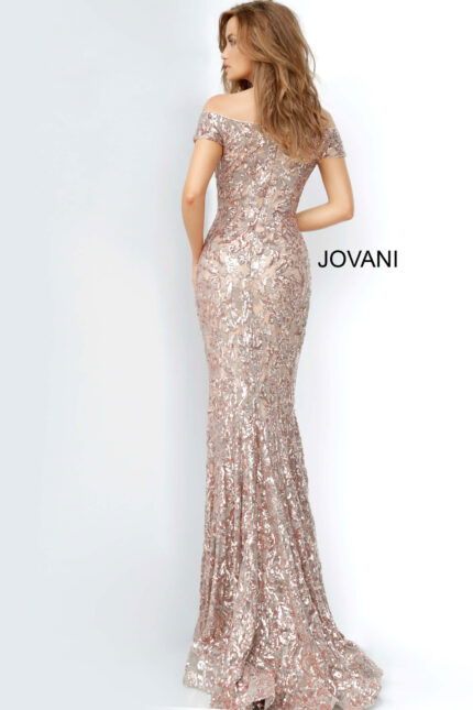 Back view of model in Jovani 1122 silver sequined mermaid gown with off-the-shoulder neckline.