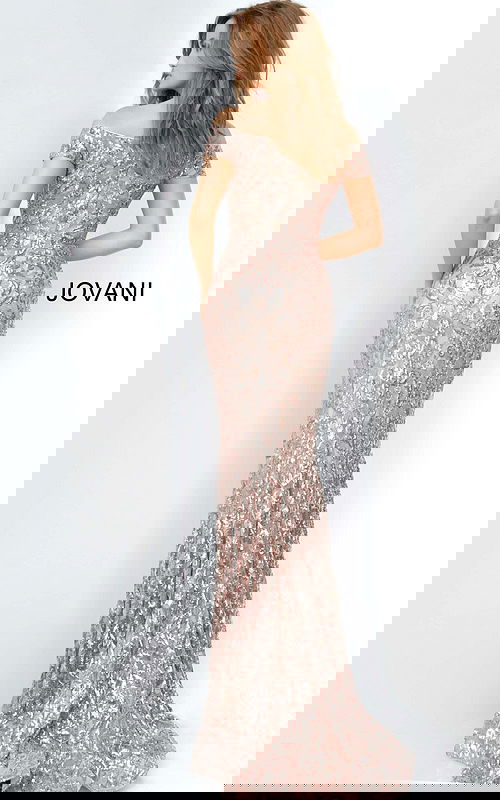 Back view of model in Jovani 1122 silver sequined mermaid gown with off-the-shoulder neckline.