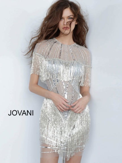 Model wearing Jovani 11999 gray mini dress with fringe and sequins, front view.