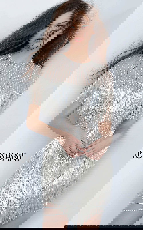 Model wearing Jovani 11999 gray mini dress with fringe and sequins, front view.