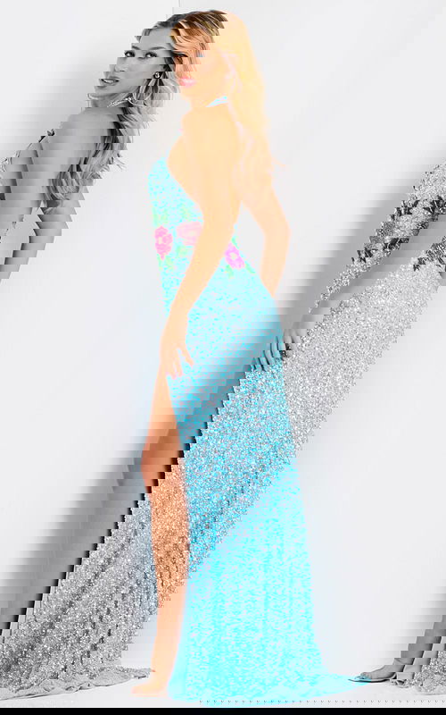 High slit sequin gown with floral embroidery 46086