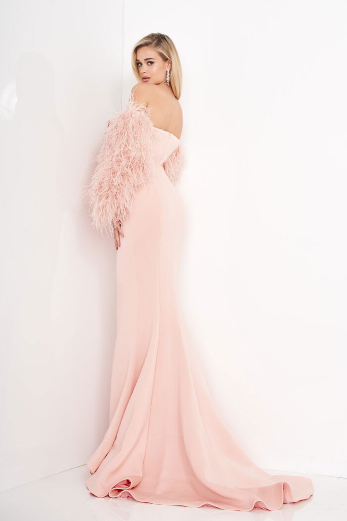 Model wearing Jovani 1226 blush gown with feathered sleeves, back view.
