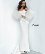 Model wearing Jovani 1226 white gown with feathered sleeves, front view.