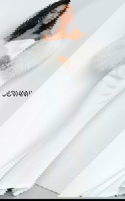 Model wearing Jovani 1226 white gown with feathered sleeves, front view.
