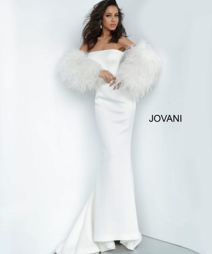 Model wearing Jovani 1226 white gown with feathered sleeves, front view.