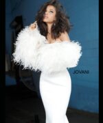 Model wearing Jovani 1226 white gown with feathered sleeves, front view.