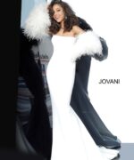 Model wearing Jovani 1226 white gown with feathered sleeves, front view.