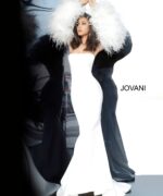 Model wearing Jovani 1226 white gown with feathered sleeves, front view.