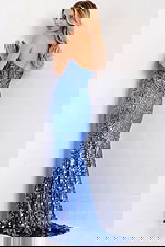 Glamorous strapless blue gown with slit 43334