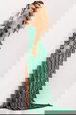 Strapless green sequin gown with high slit 49232