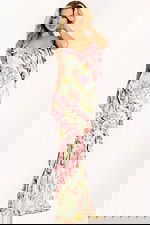 Floral Ruffle Print Prom Dress With Bow Strap