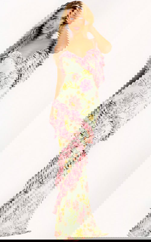 Floral Ruffle Print Prom Dress With Bow Strap