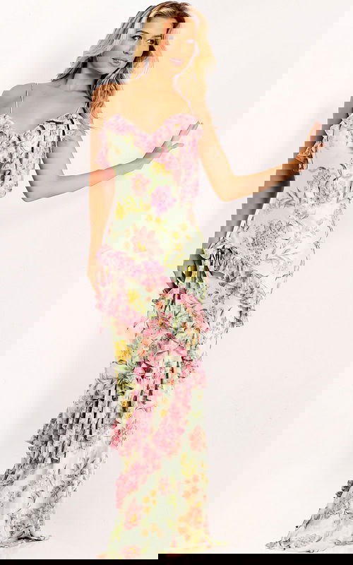 Elegant Floral Prom Dress With Cascading Ruffles