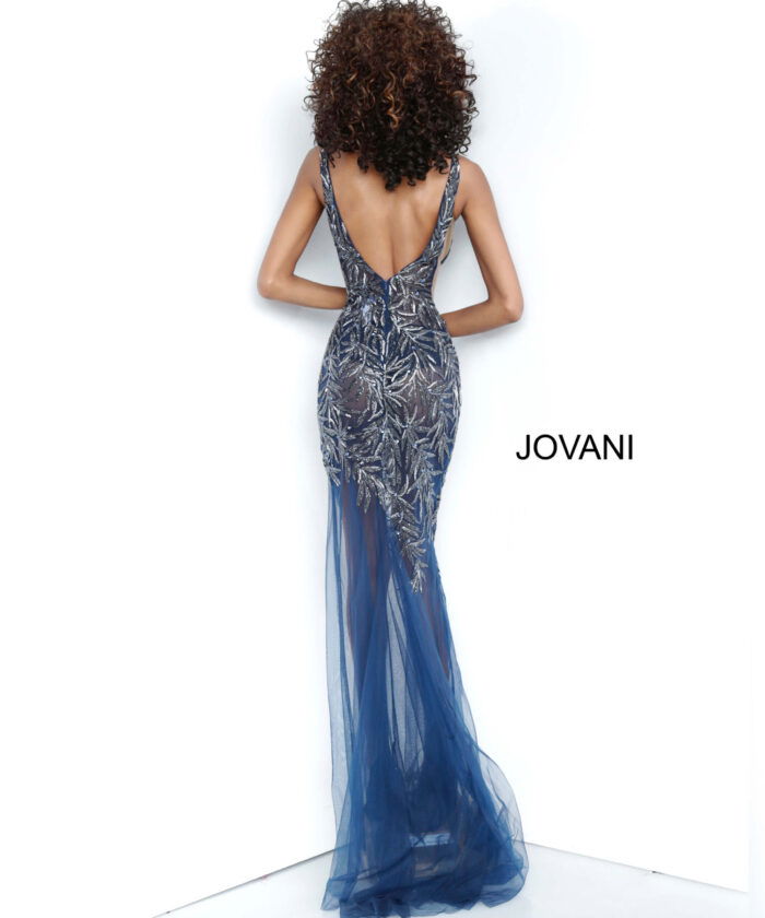 Back view of Jovani 1863 navy dress with deep V-back design.