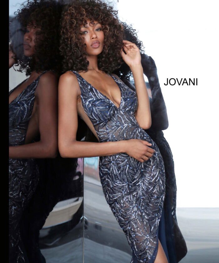 Front view of Jovani 1863 navy dress with intricate sequins and high slit.