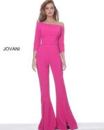 Model wearing Jovani 1867 fuchsia off-the-shoulder jumpsuit.