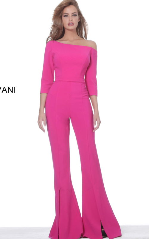 Model wearing Jovani 1867 fuchsia off-the-shoulder jumpsuit.