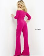 Back view of model wearing Jovani 1867 fuchsia jumpsuit