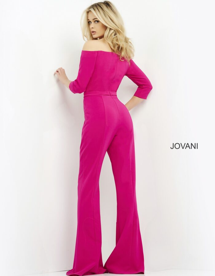 Back view of model wearing Jovani 1867 fuchsia jumpsuit